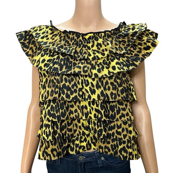 Ganni Tops - Ganni Leopard Print Blouse 38EU/Medium Tiered Ruffle Open Back Flutter Sleeve